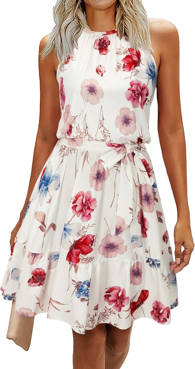 Detalle de Newshows Damen Sommerkleid knielang mit Neckholder, Blumenmuster & Taschen