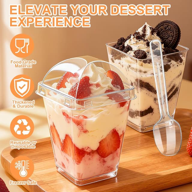 Detalle de 5oz Plastic Dessert Cups with Lids and Spoons (Clear Parfait Cups, 20-Pack)