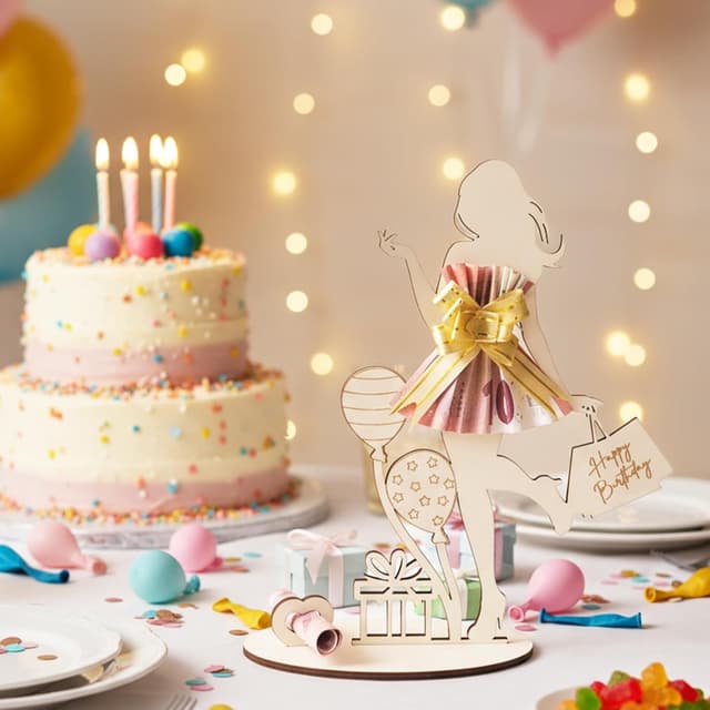 Detalle de Geldgeschenke Geburtstag Frau Mädchen – personalisierbares Holzschild „Happy Birthday“ als Geldgeschenk & Gästebuch