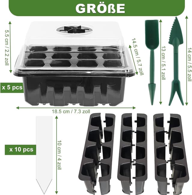 Detalle de 5er Set Zimmergewächshaus Anzuchtkasten mit 60 Zellen – Mini-Gewächshaus Anzuchtset mit Deckeln und Belüftung