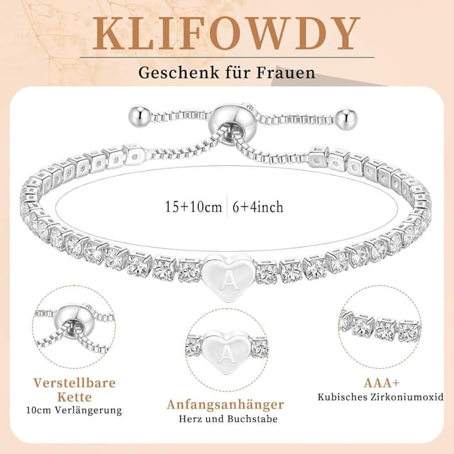 Detalle de KLIFOWDY 925 Initial Tennis Armband in Silber mit Herz & Buchstaben (A-Z) für Frauen