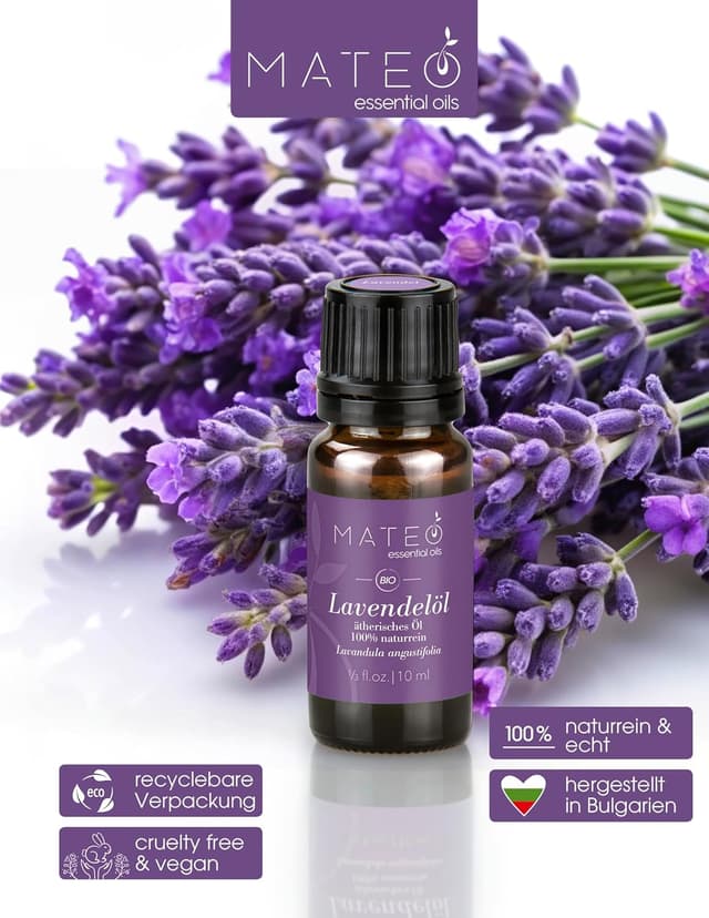 Detalle de MateoEssentialOils Lavendelöl 100% rein & natürlich (Lavandula angustifolia) – Bio – 10 ml