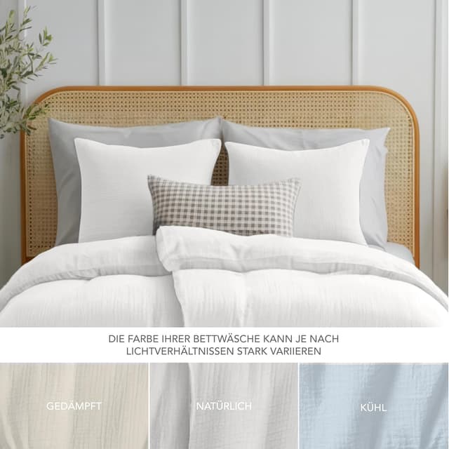 Detalle de Dreamzie Musselin-Bettwäsche 135x200 cm (100% Baumwolle) mit Reißverschluss, 2 Kissenbezüge 80x80 cm – Weiß
