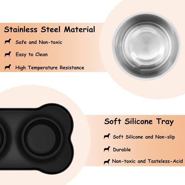 Detalle de Stainless steel double pet bowls with non-spill non-slip silicone mats (2 x 400ml) – for puppies, cats and small dogs