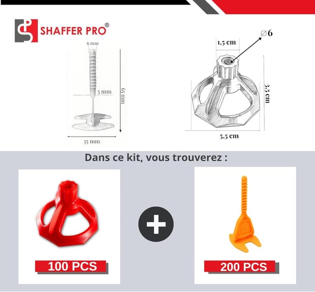 Detalle de Croisillons carrelage autonivelant 3 mm Shaffer pro (200 clips + 100 cadrans réutilisables) pour joints réguliers, 3 à 22 mm
