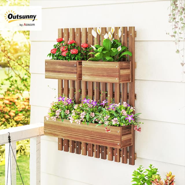 Detalle 2 de Outsunny Jardinière Murale 3 bacs Bois Carbonisé
