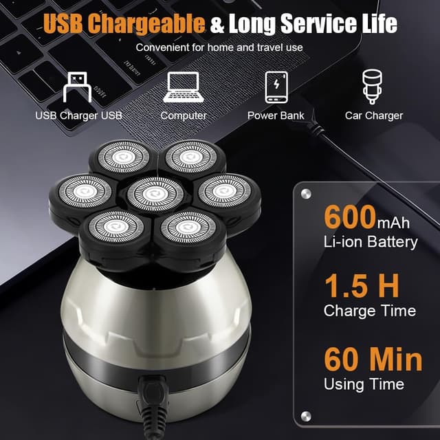 Detalle de LOPHE Rasoir 5 en 1 Tête Chauve Homme 7D (sans fil, Type-C, IPX6) avec écran LED