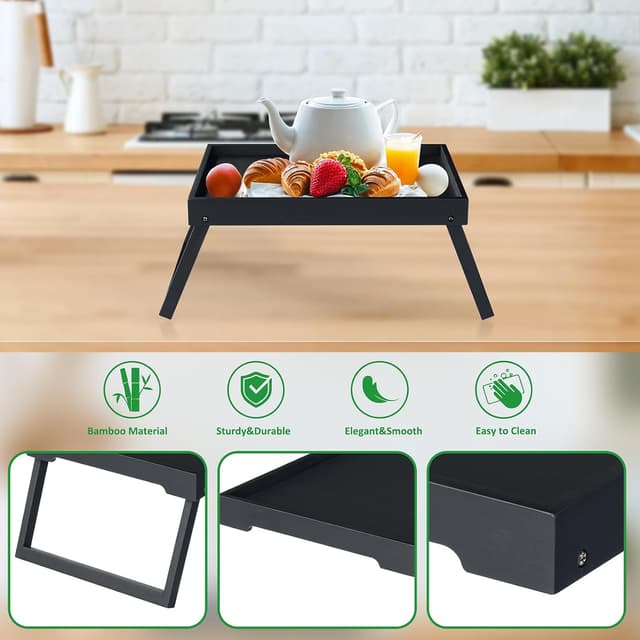 Detalle de Betttablett Tisch mit klappbaren Beinen aus Bambus/MDF (Schwarz) – Frühstück, Laptop & mehr