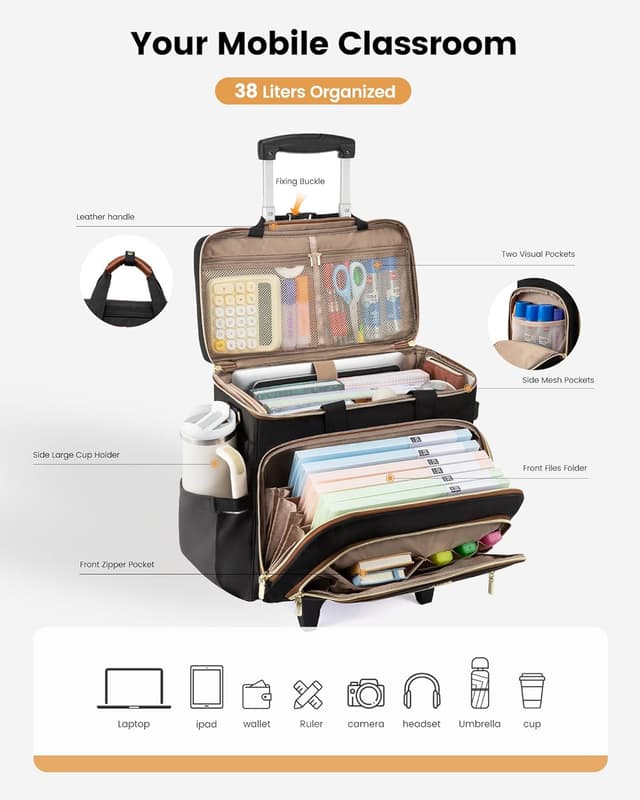 Detalle de LOVEVOOK Rolling Teacher Bag with Detachable Dolly and Laptop Compartment (Large Rolling Tote) - Black-brown