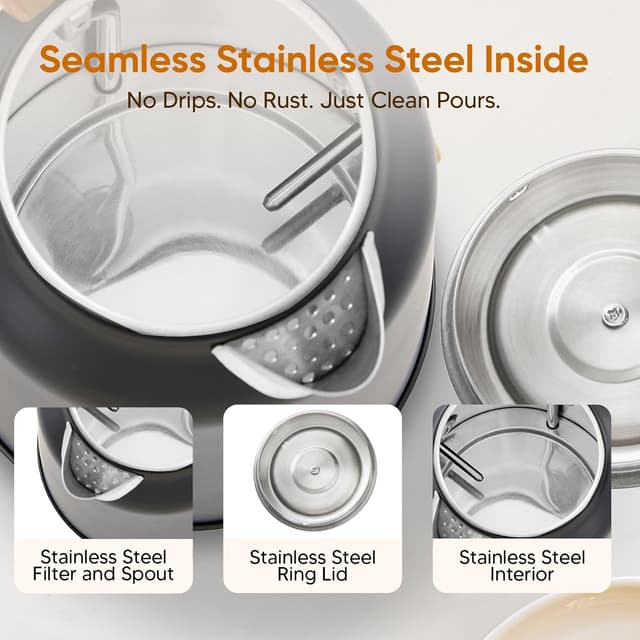 Detalle de Seehot 1.7L Electric Kettle with Thermometer (1200W) – 304 Stainless Steel, Auto Shut-Off, Black