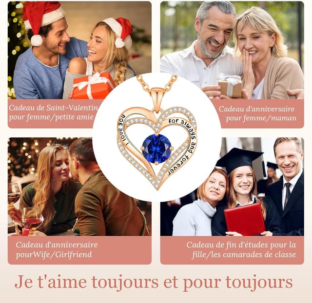 Detalle de Collier cœur en pierre de naissance CDE : pendentif double cœur en dorure rose cuivrée