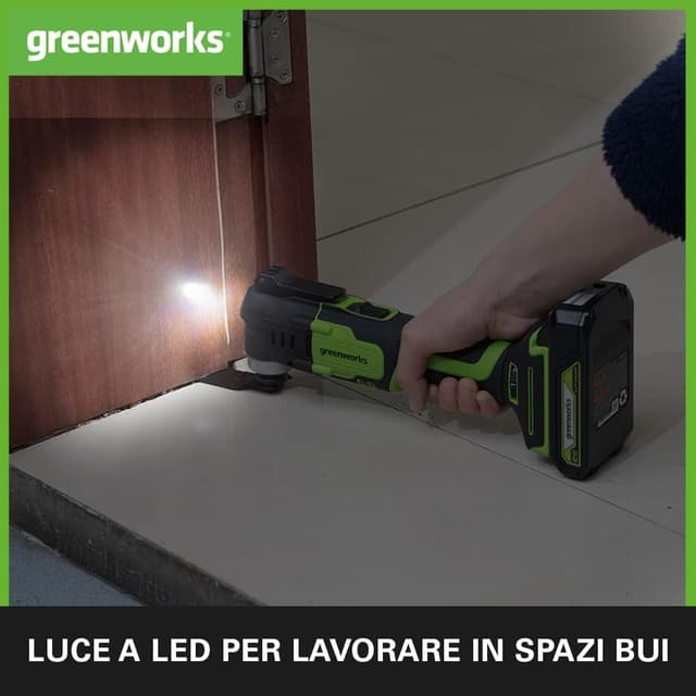 Detalle de Greenworks G24MT multiherramienta a batteria oscillante con 6 velocità e 5 accessori (solo utensile)