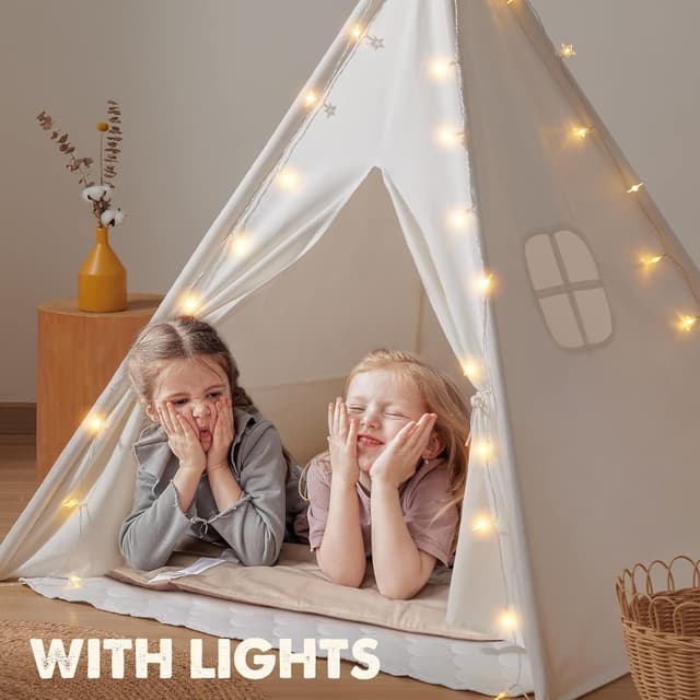 Detalle de Tiny Land kids teepee tent with padded mat, fairy lights and carry bag (Raw White Canvas)