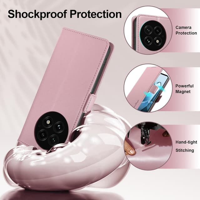 Detalle de Yunubeyii Handyhülle für OnePlus 13 mit RFID-Blocker, Kartenfächern und Magnetverschluss (Klapphülle, Rosa)