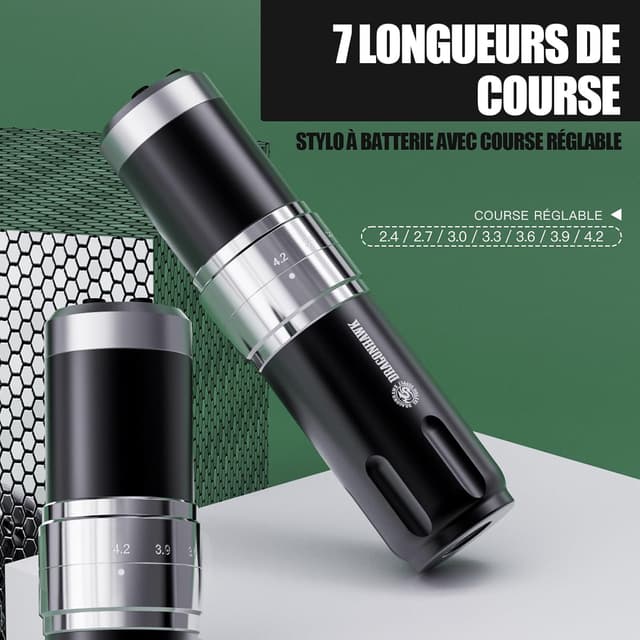 Detalle 2 de Dragonhawk Stylo de tatouage rotatif sans fil avec 2 batteries 1500 mAh et affichage LED (courses 2,4 à 4,2 mm) – Noir