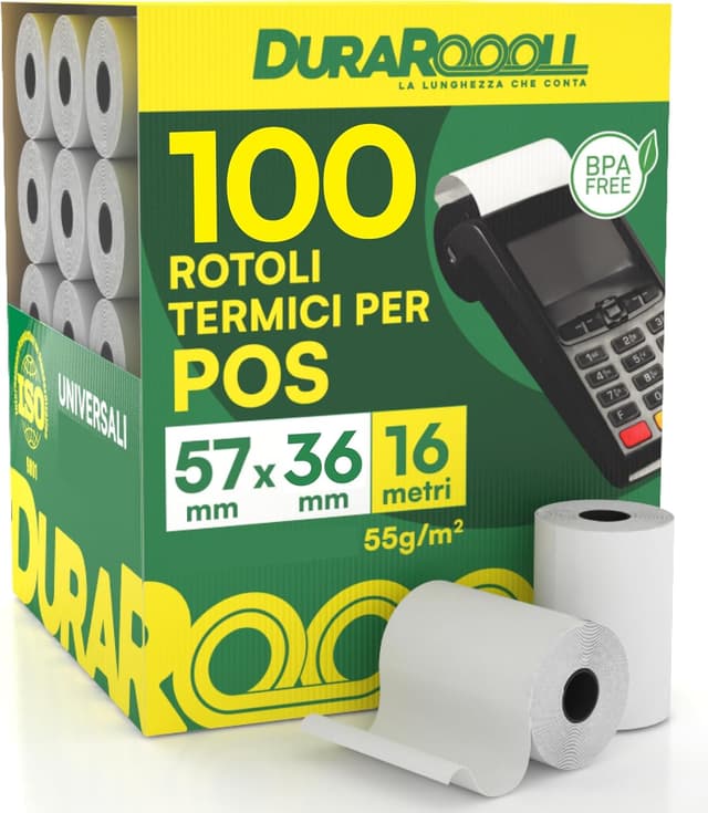Detalle de 20 Rotoli Carta Termica per POS 57x36 DuraRoooll: compatibili con Nexi, SumUp, Pax e altro