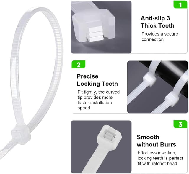 Detalle 1 de ABSupus White Cable Ties 2000-Pack (Assorted Sizes 100/200/250/300mm) Self-Locking Zip Ties