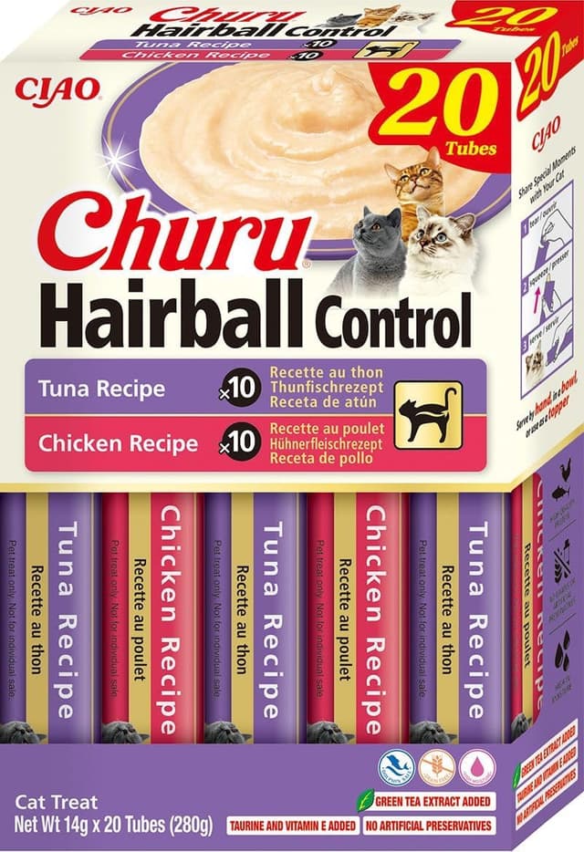 Detalle de INABA Churu Anti Hairball Katze mit Taurin – getreidefreie Anti-Haarballen-Katzenleckerlis mit Huhn oder Thunfisch (20 x 14 g)