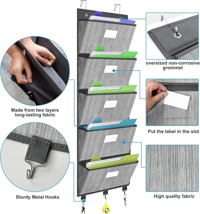 Detalle de VERONLY Over The Door File Organizer (wall mount) with 5 large pockets and labels, dark grey