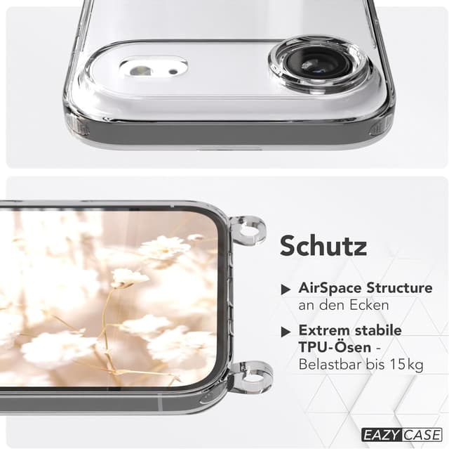 Detalle de EAZY CASE Handykette mit verstellbarem Taschenband (90–145 cm) und Silikon-Hülle – Braun/Silber