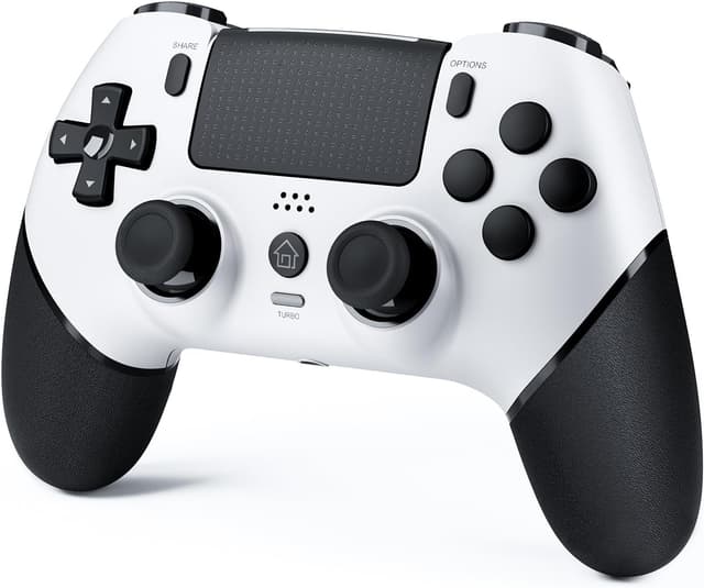 Detalle de CHEREEKI manette PS4 sans fil Bluetooth avec joysticks à effet Hall, double vibration et micro-macro Turbo (blanc)