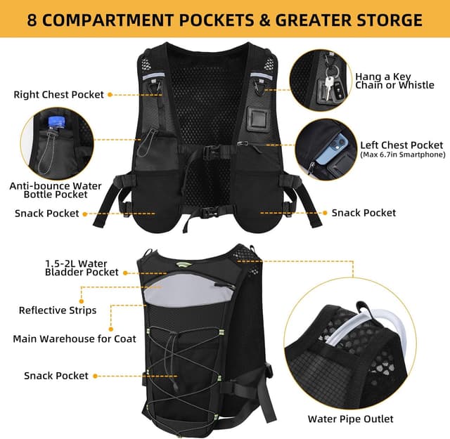 Detalle 2 de PELLOR Running Vest with 8 Pockets – Lightweight Reflective Hydration Backpack for Trail, Marathon, Cycling & Hiking
