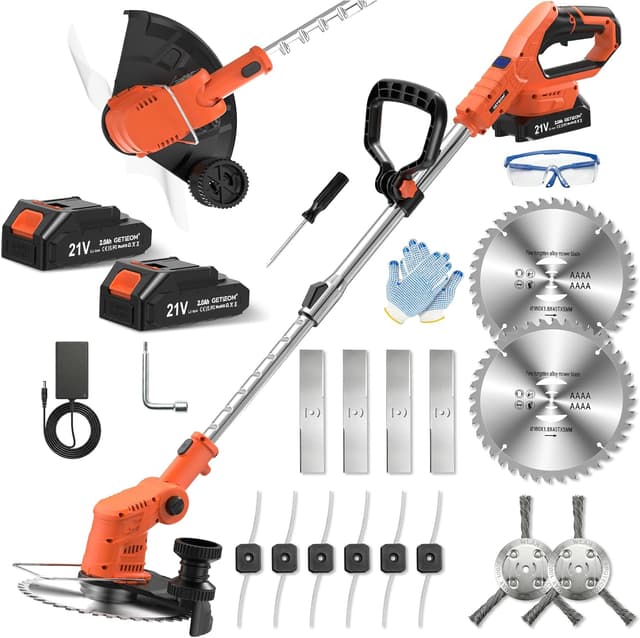 Detalle de GETIEOM Cordless Strimmer with 2 × 2.0Ah Batteries (850W) and LCD power display – 4-in-1 garden trimmer