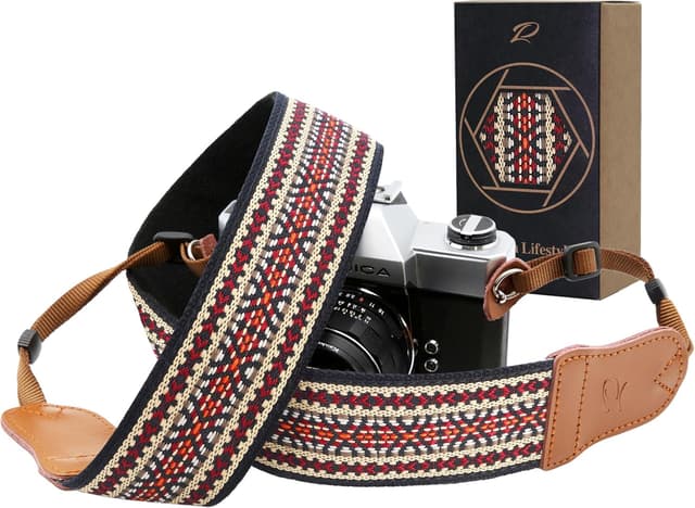 Detalle de Padwa Lifestyle Speed Red Embroidered Camera Strap (2" wide) – Universal cowhide & cotton strap for DSLR and mirrorless