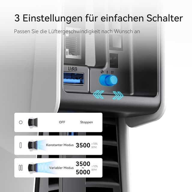 Detalle de KIWIHOME PS5 Slim Lüfter mit automatischer Geschwindigkeit, LED und USB 3.0-Hub für Disc- & Digital-Edition