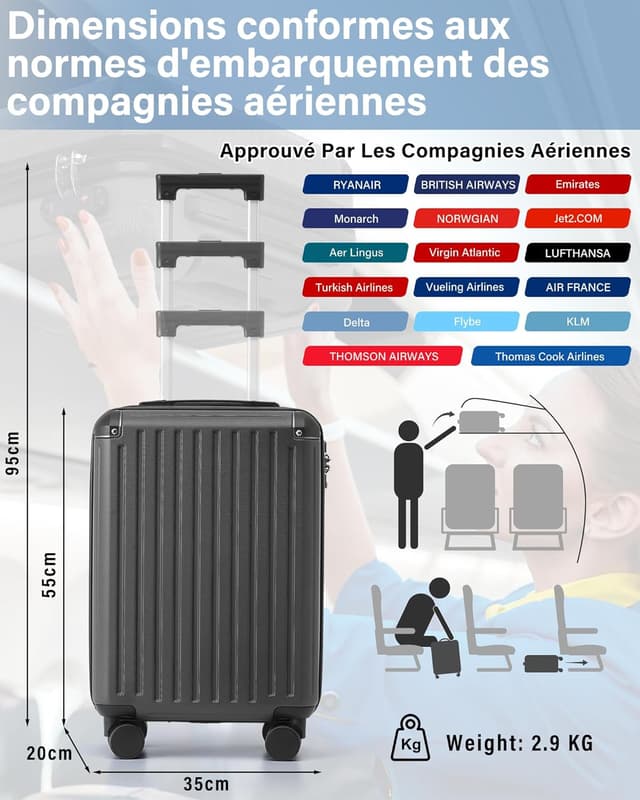 Detalle 2 de COOLIFE Valise cabine rigide 55 x 35 x 20 cm pour avion avec serrure TSA et 4 roulettes jumelées