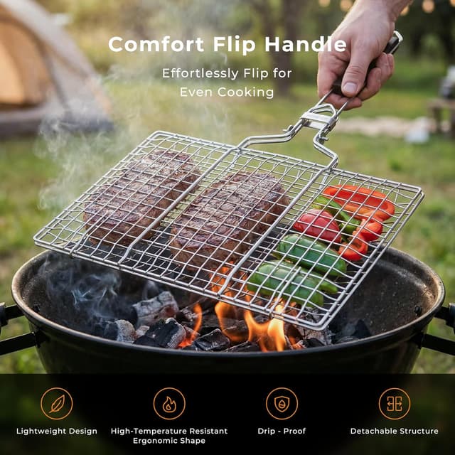 Detalle 2 de ACMETOP Portable BBQ Grill Basket (Stainless Steel) for fish, veg & shrimp