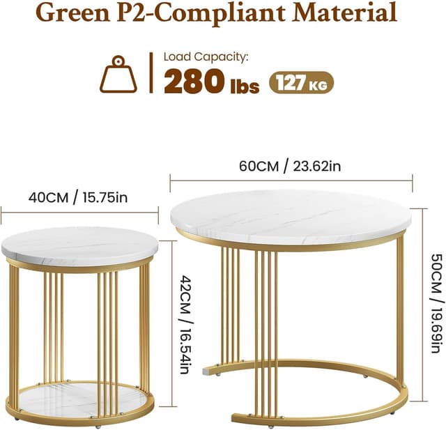 Detalle de Dripex lot de 2 tables basses gigognes rondes avec rangement et plateau effet marbre