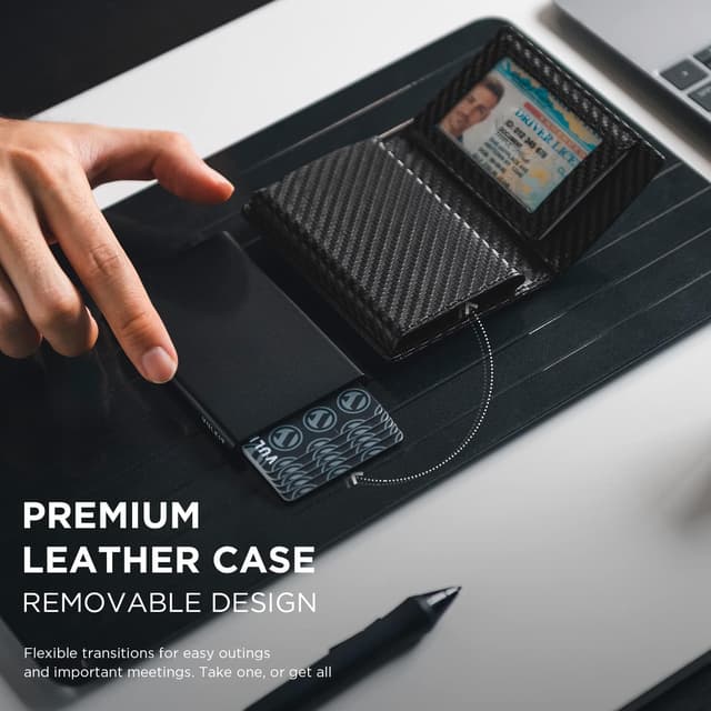 Detalle de VULKIT leather credit card holder with money clip and RFID blocking, magnetic closure