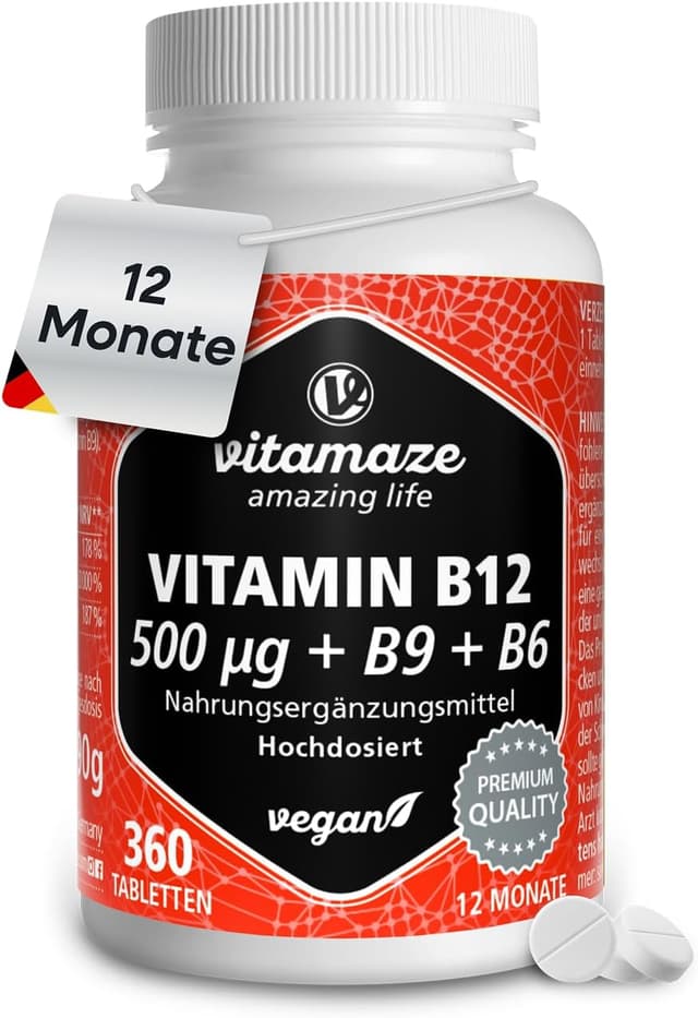 Detalle de Vitamin B12 500 mcg hochdosiert (mit B6 & B9) – 360 Tabletten als Nahrungsergänzung, Made in Germany