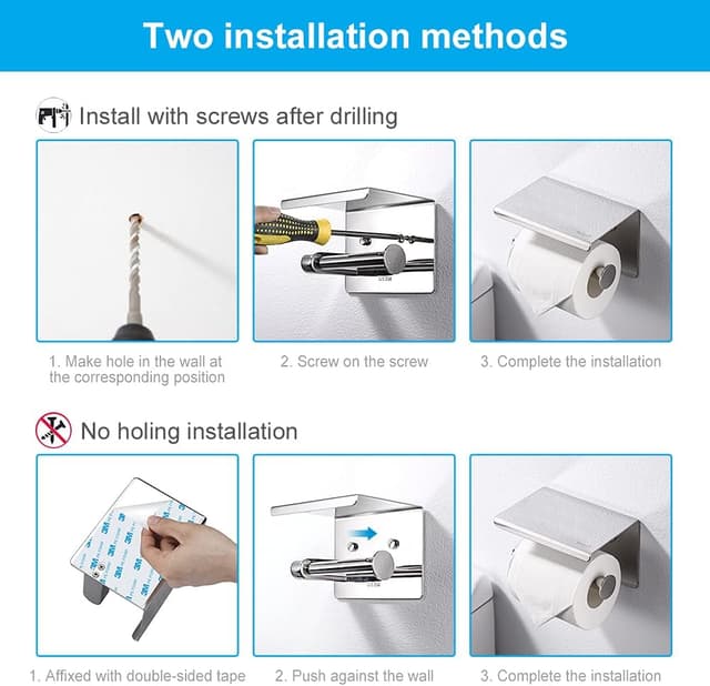 Detalle de Ibergrif Toilettenpapierhalter aus Edelstahl mit Ablage – 2 Montagearten (selbstklebend oder bohren), bis 10 kg