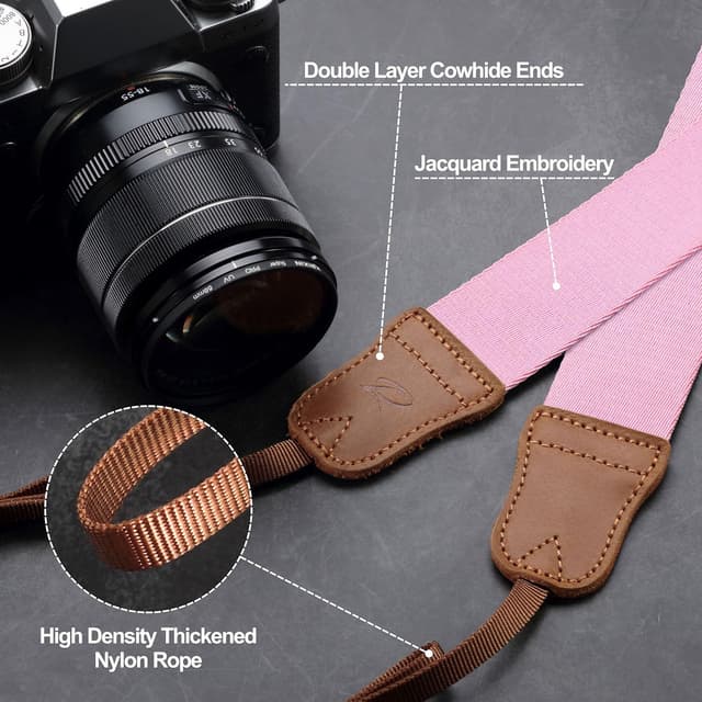 Detalle de Padwa Lifestyle Pink Camera Strap (Double Layer Crazy Horse Cowhide) – 1.5in Cotton Woven Adjustable Strap