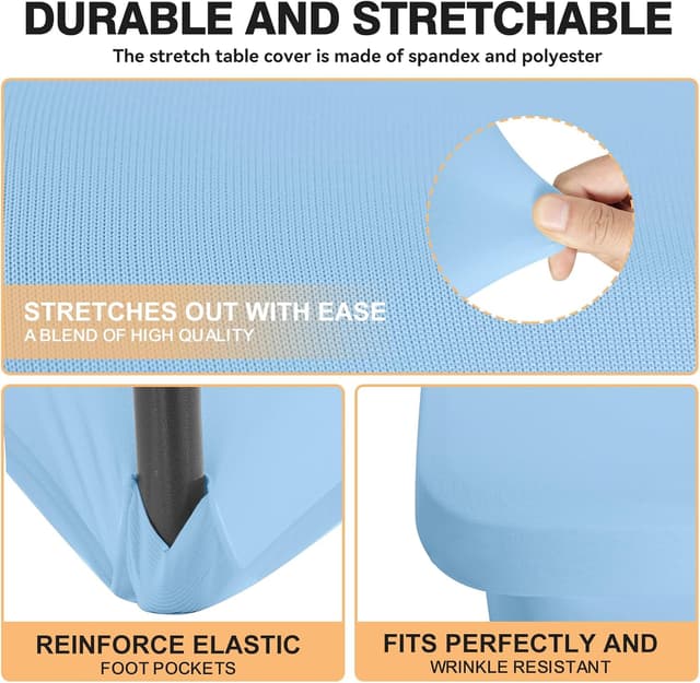 Detalle de 2 Pack 6-Foot Light Blue Spandex Tablecloth (Rectangular Tables) — Fitted Stretch, Wrinkle-Resistant, Washable