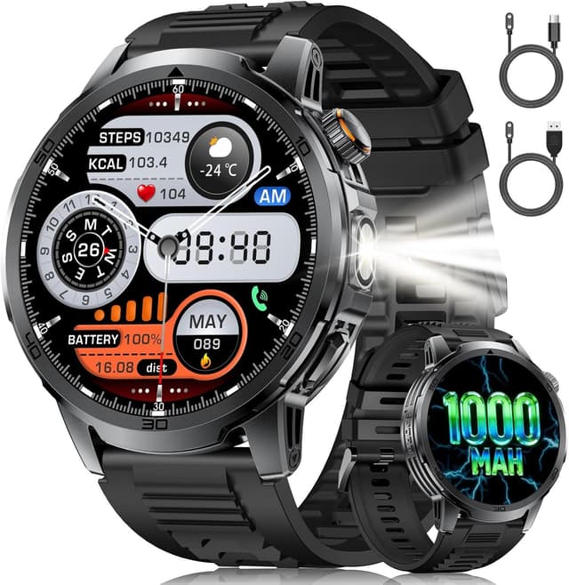 Detalle de Montre Connectée Homme 1,85" : écran tactile, appels Bluetooth, cardio & sommeil, IP68, torche LED