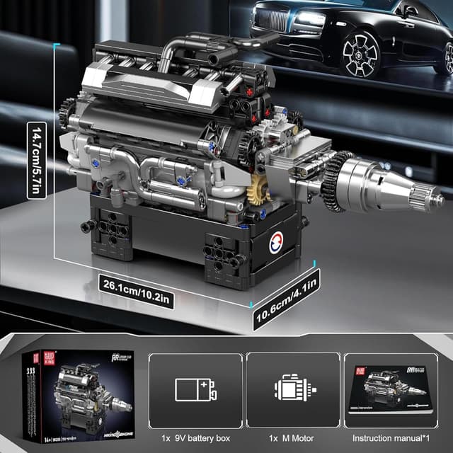 Detalle de Mould King 10205 Technik V12 – moteur en blocs de construction (733 pièces) avec boîtier batterie 9V