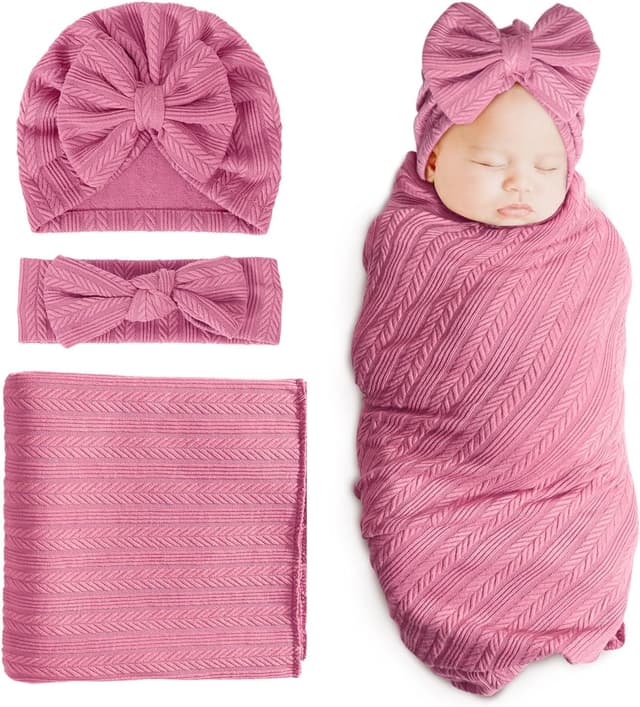 Detalle de DRESHOW newborn receiving blanket set with bow hat and bow headband for girls