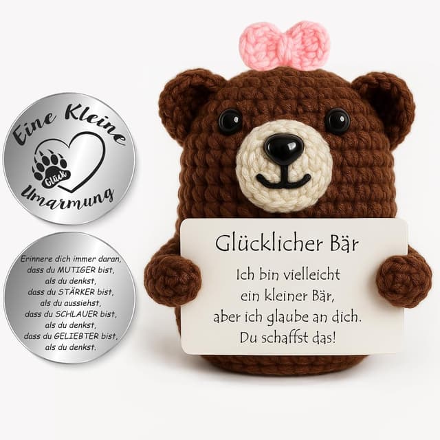 Detalle de Tixlux Pocket Hug Glücklicher Bär – handgenähte Strick-Dekofigur mit Bärentatzen-Glücksbringer (Grau/Rosa)