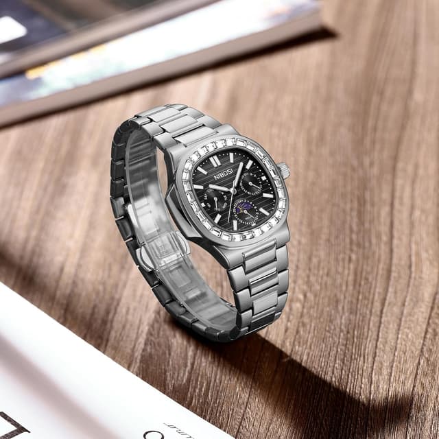 Detalle de NIBOSI Orologio da polso da uomo analogico al quarzo multifunzione con cronografo, fasi lunari e impermeabilità 3 ATM
