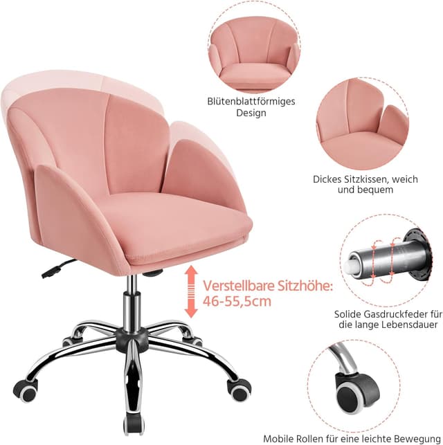 Detalle de Yaheetech Homeoffice Drehstuhl mit Armlehnen, höhenverstellbar bis 136 kg (Hellrosa, Samt)