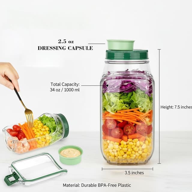 Detalle de VIVIZEN Salad Pod Mason Jar Side Open with Leakproof Dressing Container (1 jar)