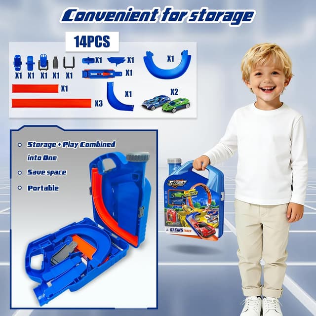 Thumbnail 6 de Race Track Toy Car Set with 2 Race Cars and 2-in-1 Transformable Tracks (Blue) with Storage Box