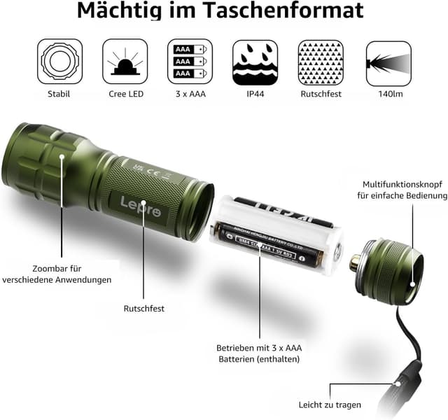 Detalle de Lighting EVER LED Taschenlampe Klein mit Zoom – extrem hell, wasserdicht IPX4, für Kinder & Outdoor (Grün)