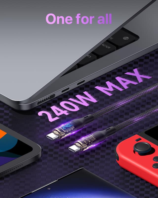 Detalle 2 de VisionSync 240W USB‑C auf USB‑C transparentes Kabel mit LED‑Anzeige (2er‑Pack, 2 m) – für Schnellladung