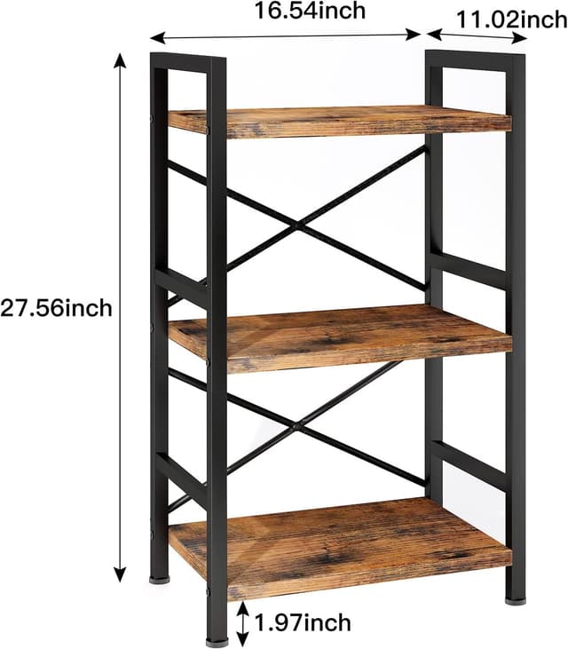 Detalle de Homeiju 3-Tier Industrial Metal Bookshelf (Rustic Brown) — Compact etagere for home office, bedroom, and living room