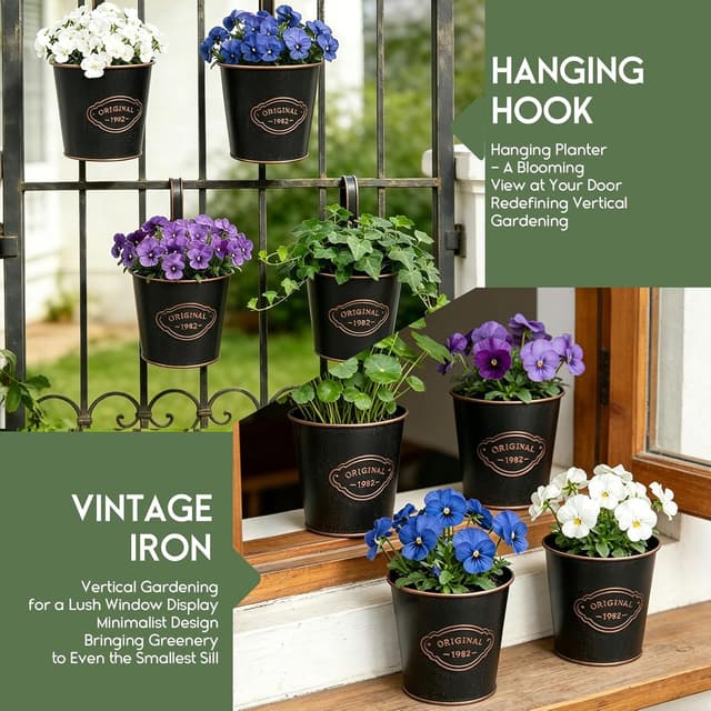 Detalle de CITÉTOILE 4er Set Hängetöpfe aus Metall mit Drainageloch – Vintage-Balkonblumentöpfe zum Aufhängen