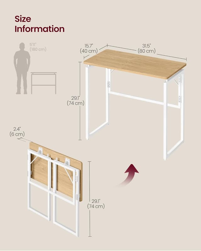 Detalle de VASAGLE LWD151YD01 folding desk – foldable computer desk with one-piece desktop, rounded edges (80 x 40 cm)
